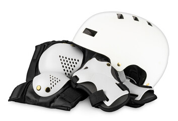 White black skateboard or inlane skating saftey equipment like skate helmet wrist knee and elbow protector pads isolated background with clipping path