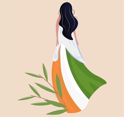 A beautiful girl in the colors of the Indian flag. The concept of celebrating Independence Day on August 15. Back view. Vector isolated design in flat style. Banner, poster with Indian woman