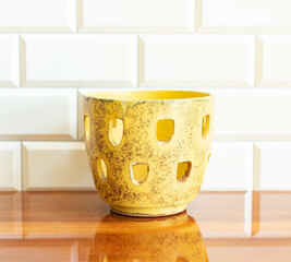 Mid-century modern pottery - flower pot with yellow glaze - Powered by Adobe