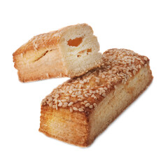 puff pastry with sesame seeds whole and cut on white background isolated
