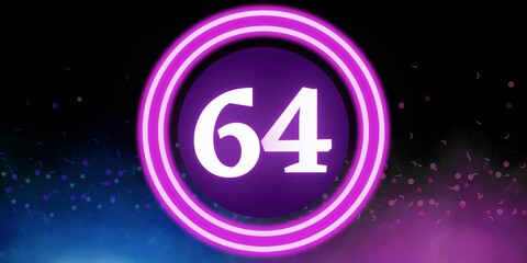 Number 64. Banner with the number sixty four on a black background and blue and purple details with a circle purple in the middle