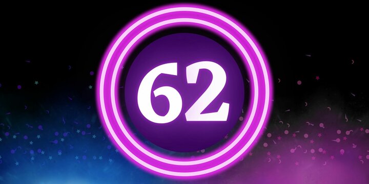 Number 62. Banner with the number sixty two on a black background and blue and purple details with a circle purple in the middle
