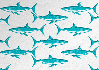 Isolated Detailed Shark Pattern On Grunge White Background