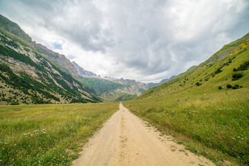 Excursion through the Otal Valley in a day with gray clouds, Ordesa y Monte Perdido national park.