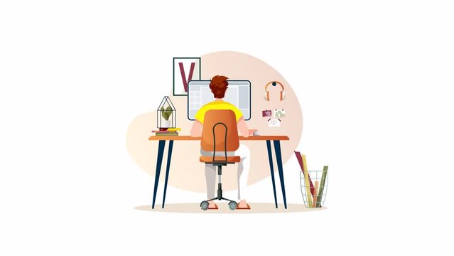 Man working with laptop at the table. Freelance, work at home, online job, office, workplace, e-learning concept. Animation video.
