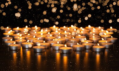 Many burning candles with beautiful bokeh light background