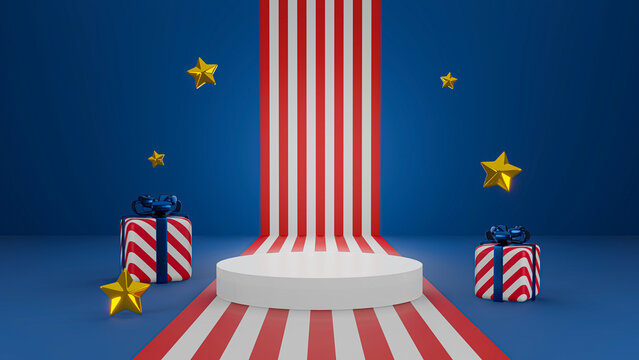 3D rendering white stage on USA background with gift boxes