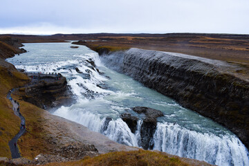 Panoramic shot of Gullfoss waterfalls, the Golden Falls of Iceland. One of Iceland's most iconic places 