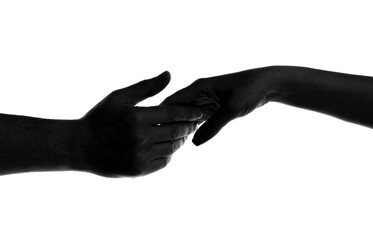 Mercy, two hands silhouette, connection or help concept. Finger Touching hands silhouette man woman white background couple feeling love. Concept human relation, community, togetherness, symbolism