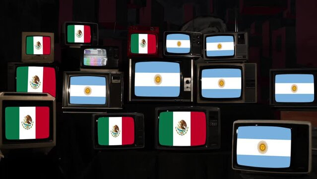 Flags of Mexico and Argentina on Vintage Televisions. 4K Resolution.