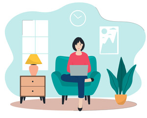 A girl sitting on chair and working or studing at home. Using laptop. Flat style. Vector illustration.