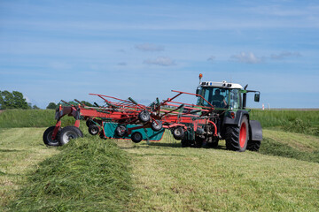 Lithuanian farmer prepare hay rows