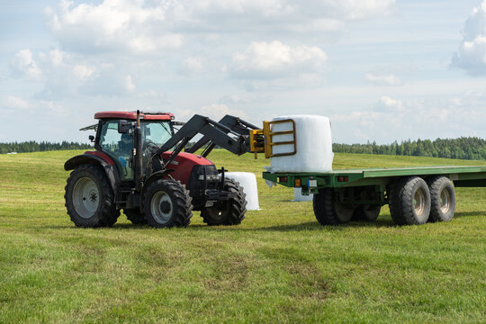 Farmer load hay bales to trailer.