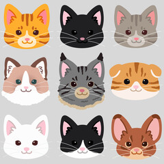 Simple and adorable cats front faces set flat colored