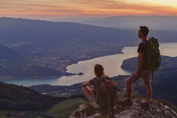 hiking in Annecy, Haute-Savoie, backpackers in Alps, France