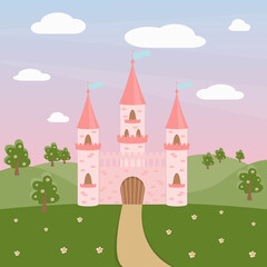 Fairytale pink castle for the princess, on a green meadow.
