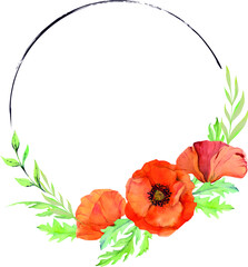 Obraz premium Frame with hand drawn watercolor poppy flowers