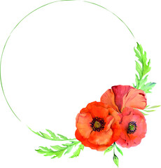 Frame with hand drawn watercolor poppy flowers