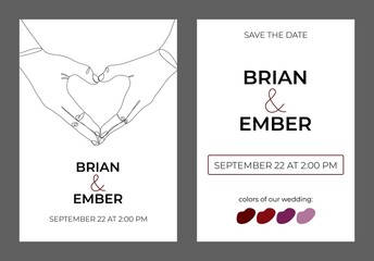 Minimal wedding invitation card template design, one line drawing of hands isolated on white