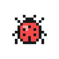Ladybug or ladybird icon in pixel art design isolated on white background, bug vector sign symbol