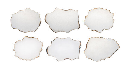 Burnt paper pieces set with torn edge isolated with clipping path