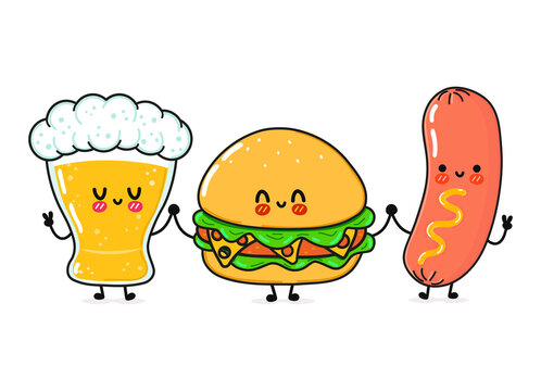 Cute, funny happy glass of beer, hamburger sausage with mustard. Vector hand drawn cartoon kawaii characters, illustration icon. Funny cartoon glass of beer, pizza and sausage mustard friends concept