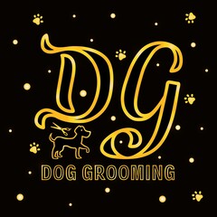 Hand drawn vector logo with golden lettering on textured background Dog Grooming for signboard, pet shop, information messages, design, poster, website, sticker, business card, label, banner, template