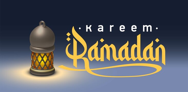 Ramadan Kareem holiday Realistic 3d cartoon cute design. Celebrate Ramadhan Holy month in Islam. Background crescent with lantern and night starry sky. Arabic calligraphy Ramadan Kareem Festive banner