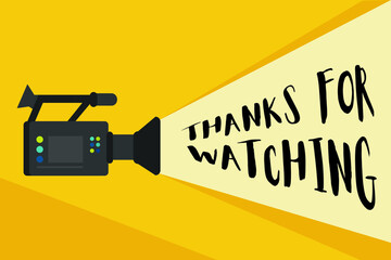 'Thanks for Watching' title screen concept design with retro looking movie projector with film reels and projecting beam as copy space container. Video clip outro, vector illustration