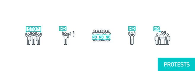 crowd of protesting activists at demonstrate single line icon isolated on white. Perfect outline symbol strike of group people against the war. rebels and insurgents element with editable Stroke line