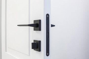 Modern black door handle on white wooden door in interior. Knob close-up elements. Door handle,...