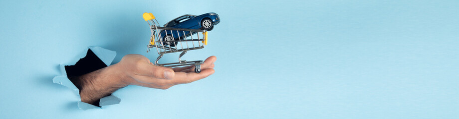 holding car model in shopping cart