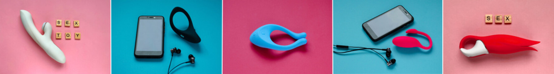 Five photoы of sex toys. Vibrators and cock ring on blue and pink background.  Collage of photos sex toy useful for sex shop, adult shop