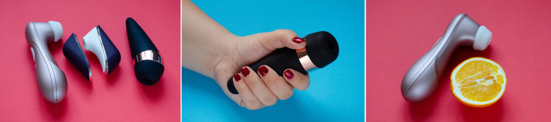 Suction sex toys. Vibrators for clitor. Three model for sex and masturbate. Pink and blue...