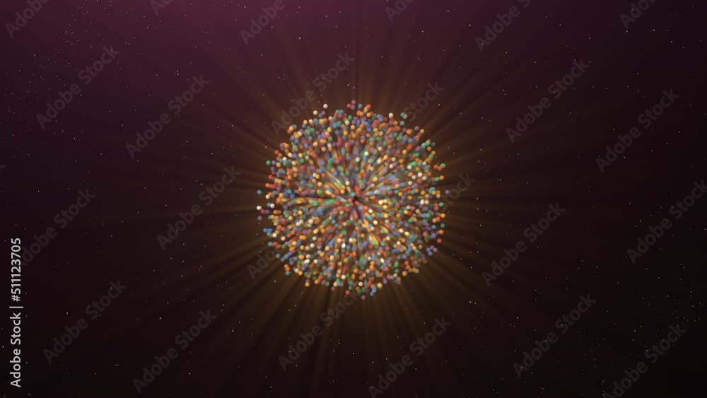 Poster round spherical object of many small glowing particles. motion. multicolored ball shrinking and disa