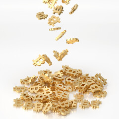 Creative image of cryptocurrency mining. Bitcoin falls on top of an array of crypto. Object on white background. 3d rendering.