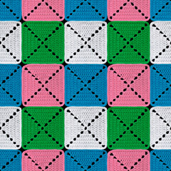 Seamless knitted pattern in patchwork style. The geometric elements are crocheted from...