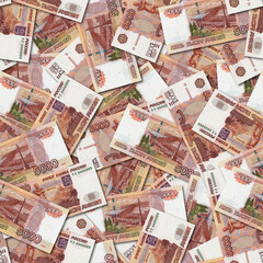 Seamless pattern of Russian ruble bills. Creative money pattern. Banknotes are arranged randomly. 