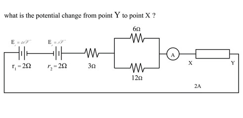 ELECTRIC MEASUREMENT,the ideal ammeter A registers 2A. Assuming XY to be a resistance, find its value. Assuming XY to be a battery that is being charged, find its emf