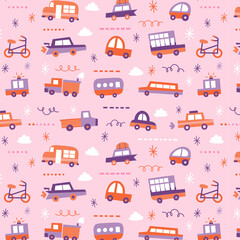 Mini Transports  Cars, Bus, Truck, Bike, Public Bus, Limousine, On the Road, Highway..Seamless Pattern. Pink Background. Cute Children illustration.