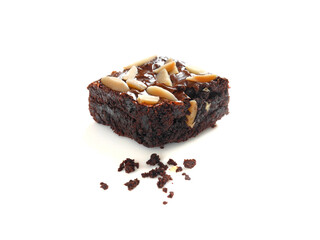 Homemade chocolate brownie topped with almond