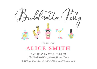 Bachelorette party invitation template. Illustration of fragrance bottle, beautiful shoes, champagne, cocktail glass and nail polish. Vector 10 EPS.