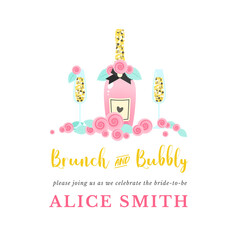 Bridal Shower invitation template. Brunch and bubbly background decorated with pink champagne bottle, wine glasses and roses. Vector 10 EPS.