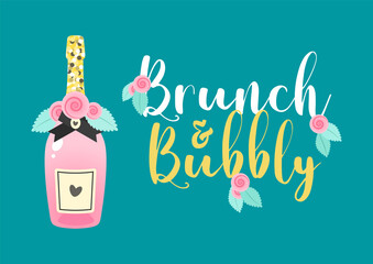 Bridal Shower invitation template. Brunch and bubbly background decorated with pink champagne bottle and roses. Vector 10 EPS.