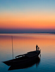 Naklejka premium Beautiful sunset silhouette scenes. Real beauty of rural Bangladesh. Countryside villages