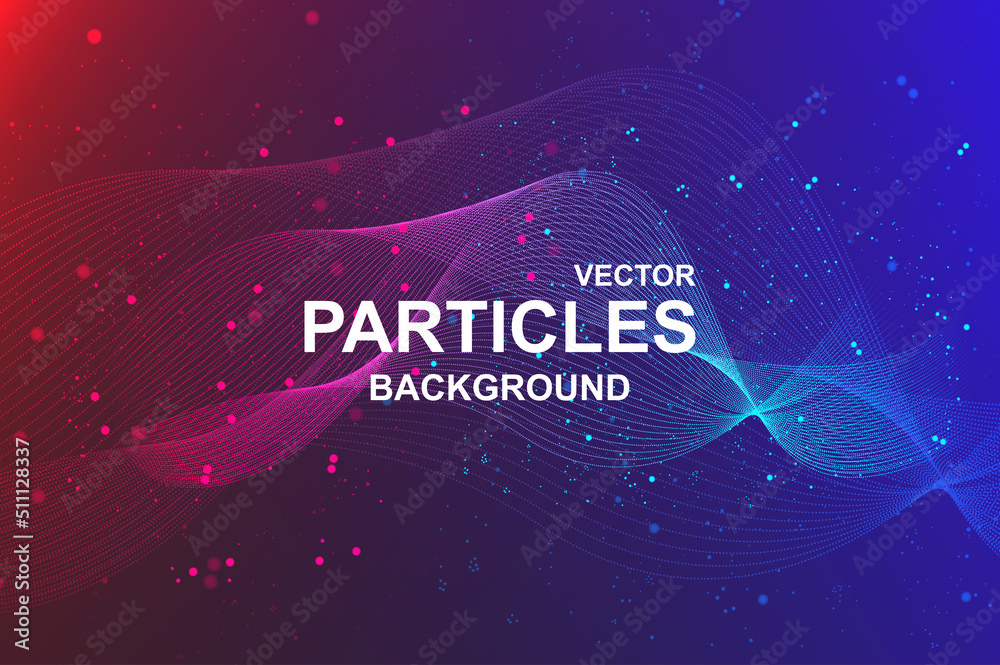 Aufkleber Abstract wave background with glowing particles. Wallpaper with flowing fractal lines with dots. Banner design with liquid flow of stripes with dust splash and glittering effect. Vector illustration