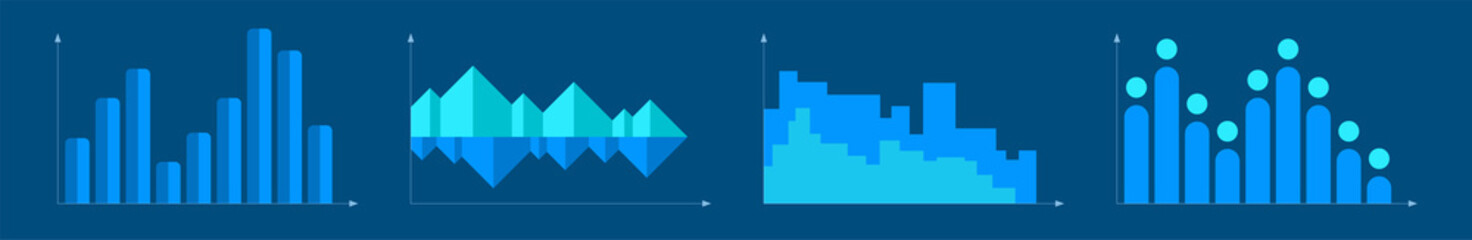 Set of different graphs and charts, information on charts, statistical data. Business charts and graphs infographic elements. Vector illustration.