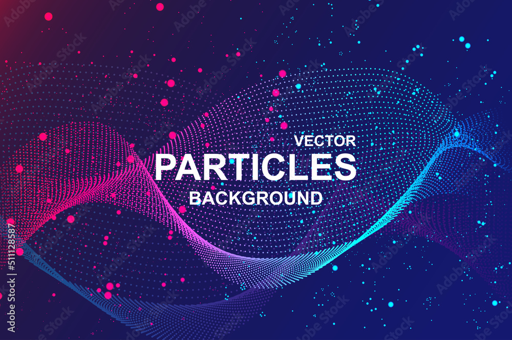 Fototapete Abstract wave background with glowing particles. Wallpaper with flowing fractal lines with dots splash in blue and pink colors and glittering effect. Bright dynamic banner design. Vector illustration