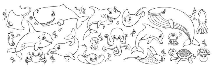 Contour of sea animals. Outline vector set great for childish coloring.