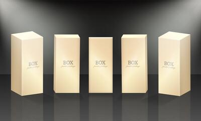 Mockup of luxury rectangular paper containers for cosmetic, makeup product. Set of 3d golden boxes in front and isometric view. Glossy containers with text, shadow and reflection. Product presentation